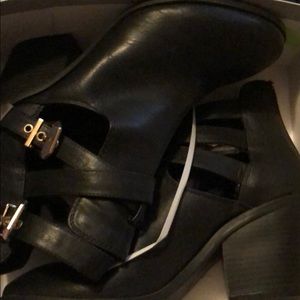 Black faux leather ankle booties with cutouts 9.5
